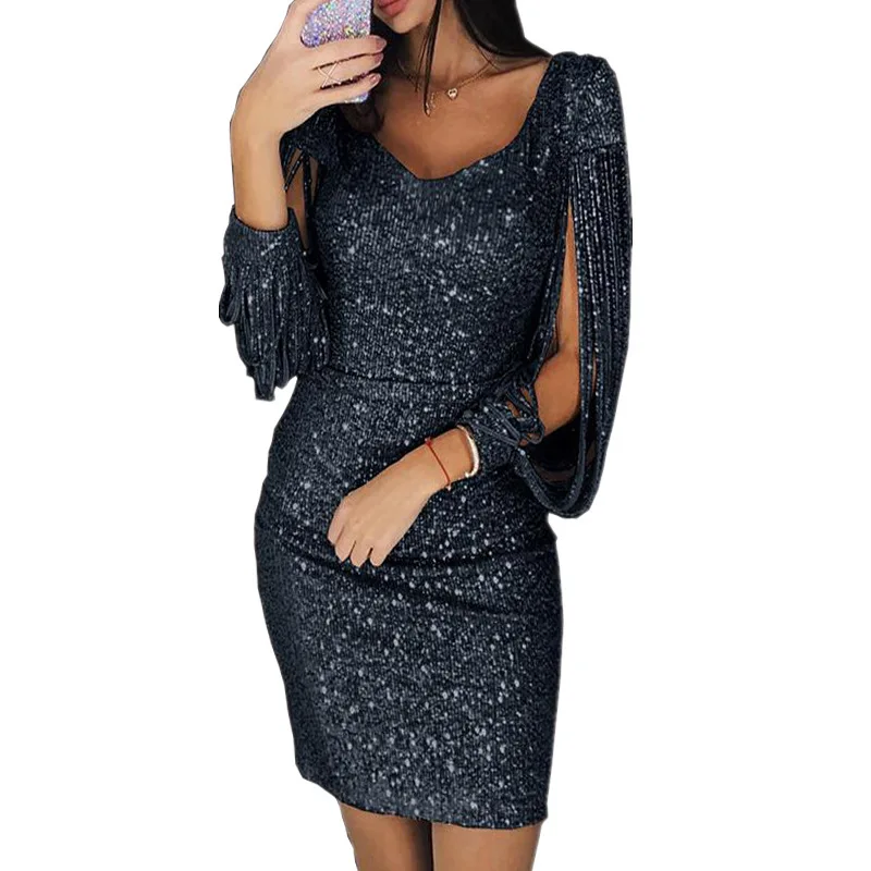 

Women Solid Sequined Stitching Shining Club Sheath Long Sleeved Mini Dress