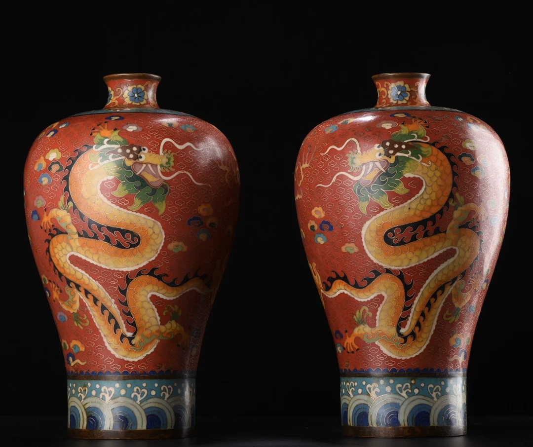 

14"Tibet Temple Collection Old Bronze Cloisonne Enamel Lotus pattern Dragon and phoenix pattern plum blossom Bottle Vase A pair