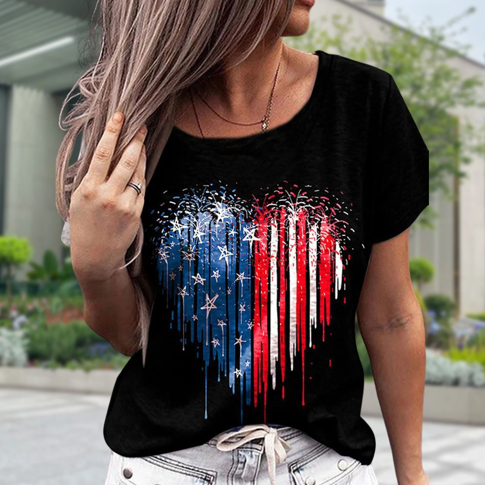 

Women Print Casual Tops 4th of July Short Sleeve T-Shirt 2023 Streetwear T-Shirt Star Stripes Tee Female Tops