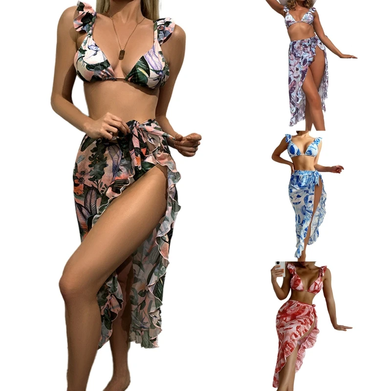 

Three-pieces Female Printed Soft Bag Bikini Knotted Women Sexy Bathing Suit Beachwear Perspective Popular Split Swimwear 24BD