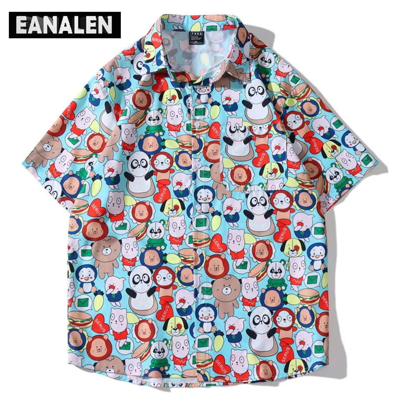 

Cute Cartoon Anime Print Button Social Shirt Men's Hawaiian Y2K Punk Harajuku Vintage Fashion Oversized Beach Short Sleeve Shirt