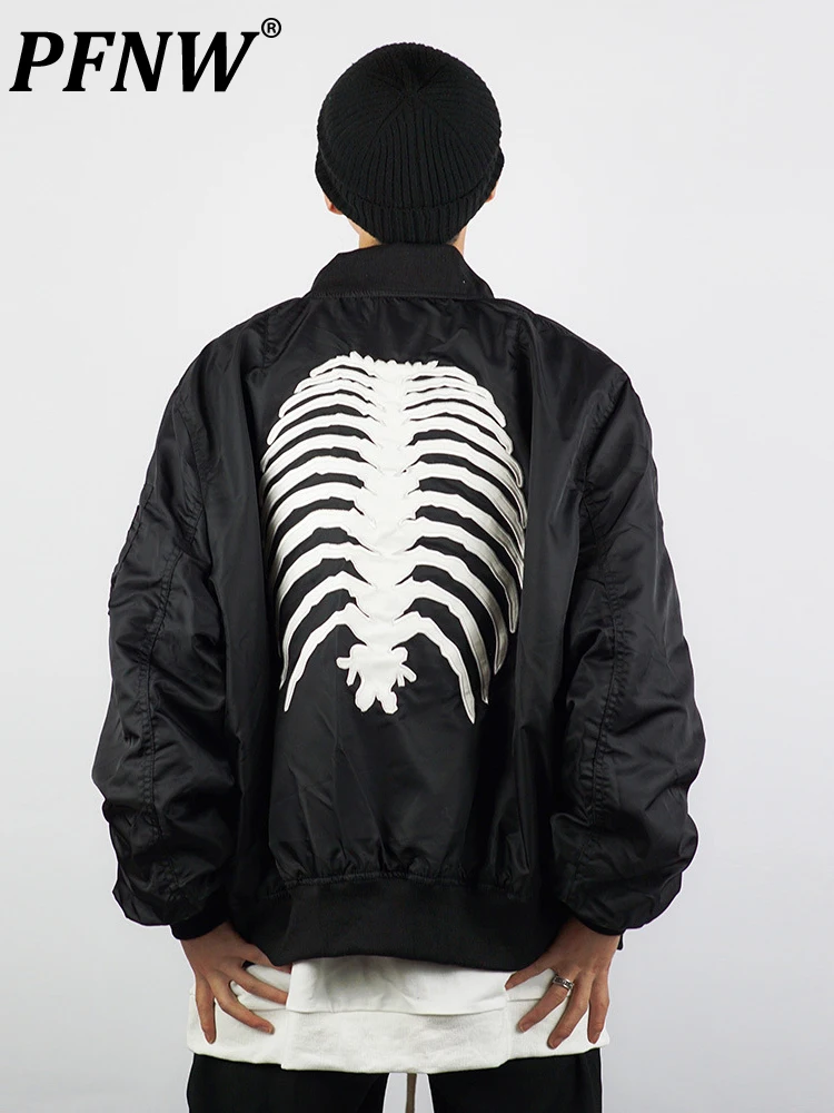 

PFNW Skeleton Pasted Cloth Embroidered Air Force Jacket Men's High Street Fashion Loose Stand Collar Coat Spring Autumn 12A6084