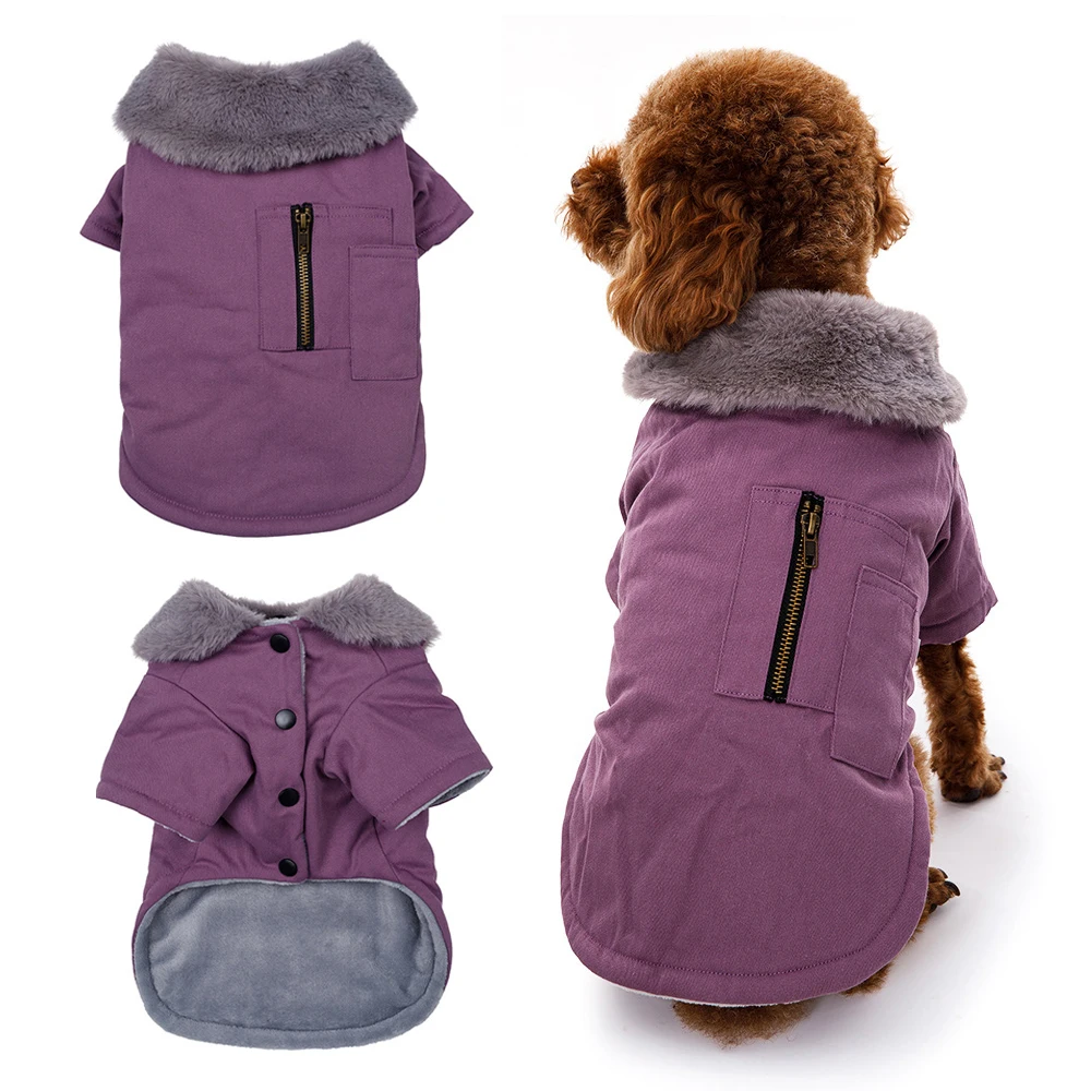 

Роскошная Одежда для собак, пушистый меховой воротник, пальто для маленьких собак, хлопковая саржа, мягкая флисовая подкладка, теплая куртк...