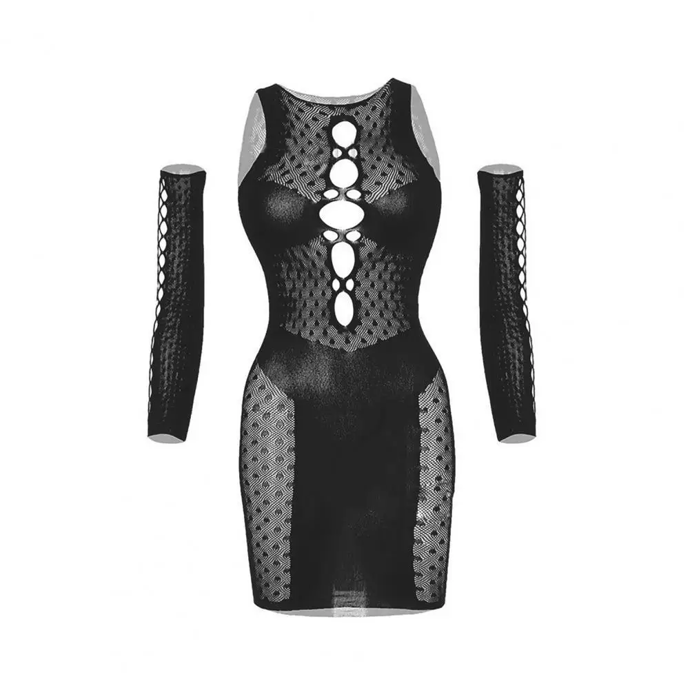 

1 Set Stylish Sexy Bodycon Hollow Out Skinny Sexy Bodysuit Sleeveless Bandage Mesh Mini Dress Arm Sleeves