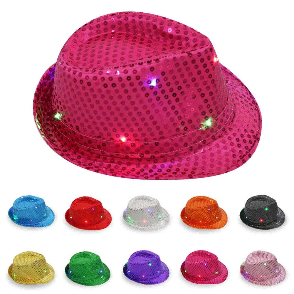 

2022 LED Glowing Jazz Hat Sequins Retro Disco Hipster Glitter Costume Unisex Novelty Christmas Party Props Charming Fe Hat