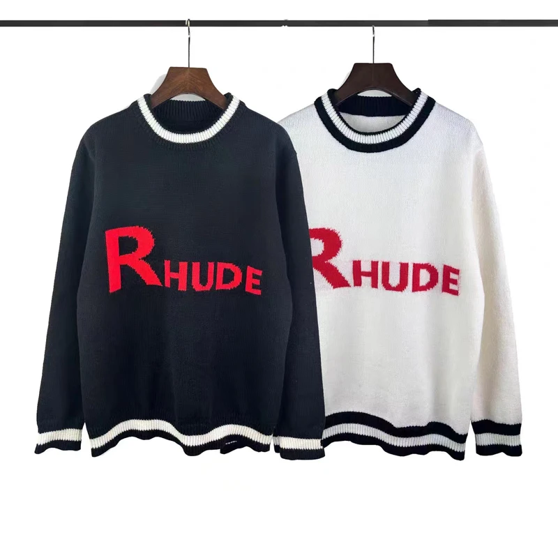 

Red Rhude Letter Jacquard Logo Stripe Sweater Men Women Casual Oversize Kint Sweatshirts Pullovers Men’s Clothing Crewneck