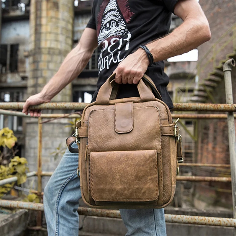 Vintage handmade natural real cowhide men's handbag business shoulder messenger bag casual genuine leather work brown briefcase
