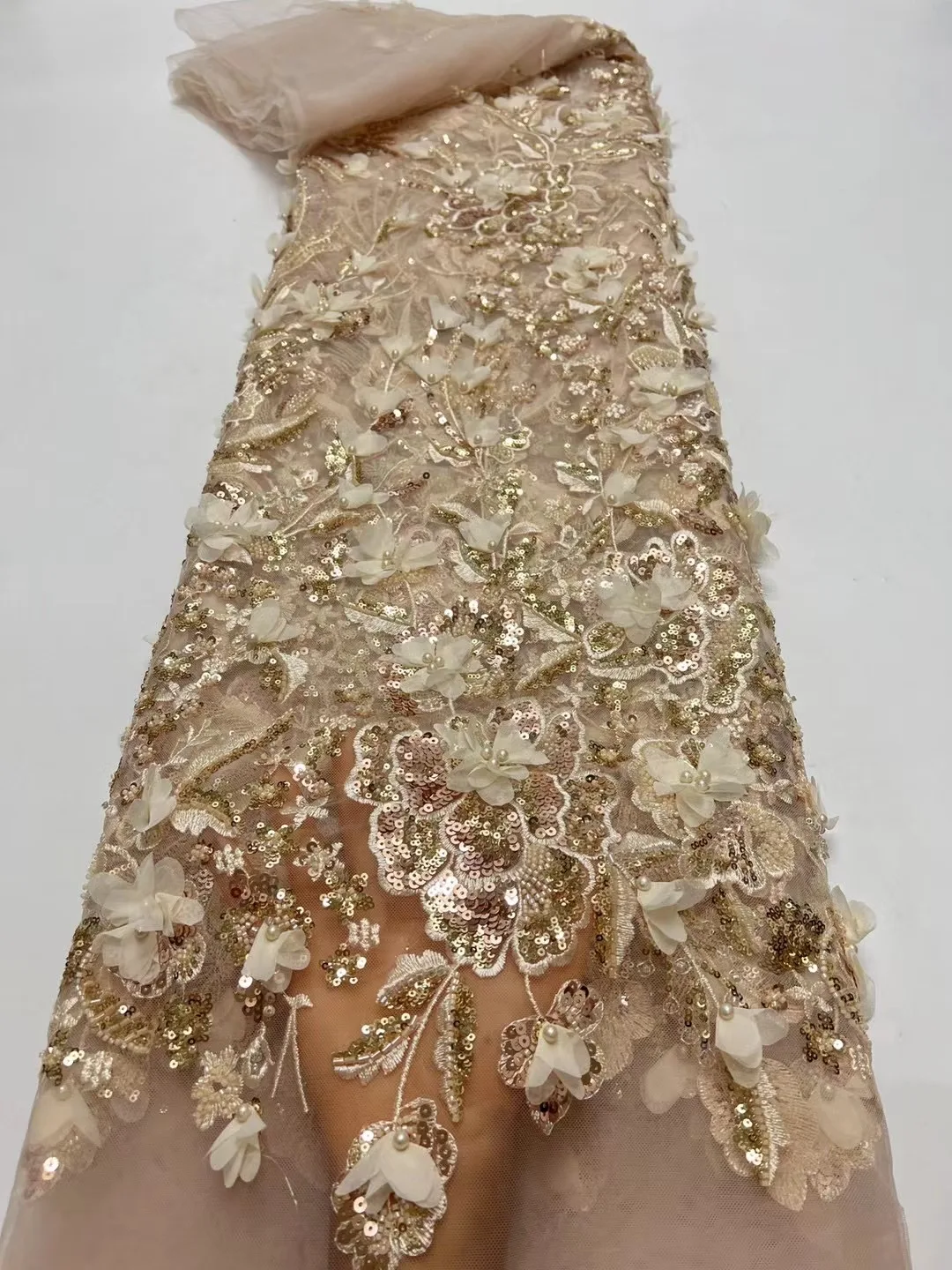 Новейшая французская кружевная ткань 2024 с 3D вышивкой цветочными блестками