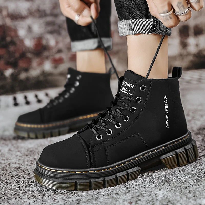 

Мужские кожаные ботильоны, черные повседневные уличные кроссовки с высоким берцем, на толстой подошве