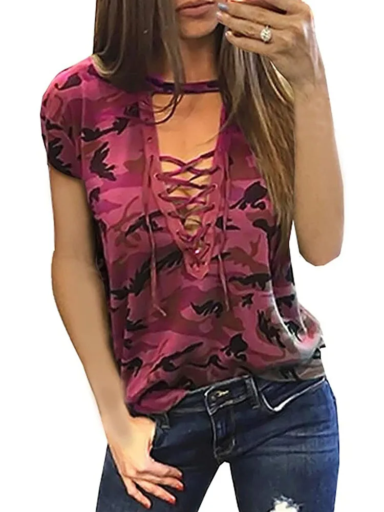 

Camouflage Print Shirts 2023 Women V-Neck Lace-up Independence Day T-Shirt Summer Sexy Lady Street Outwear Hollow Out Tees H129