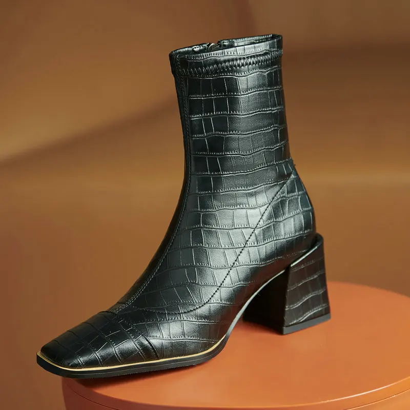 

Genuine Leather Women Ankle Boots Square Toe Thick High Heels Office Ladies Party Dress Shoes Woman Autumn Winter