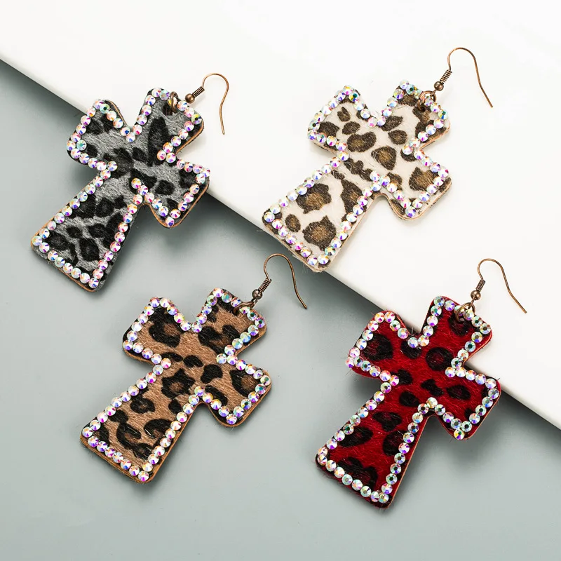 

Exaggerated Cruciform Earrings Double Sided Printed Leopard Print Earrings Leather Vintage Hanging Earrings