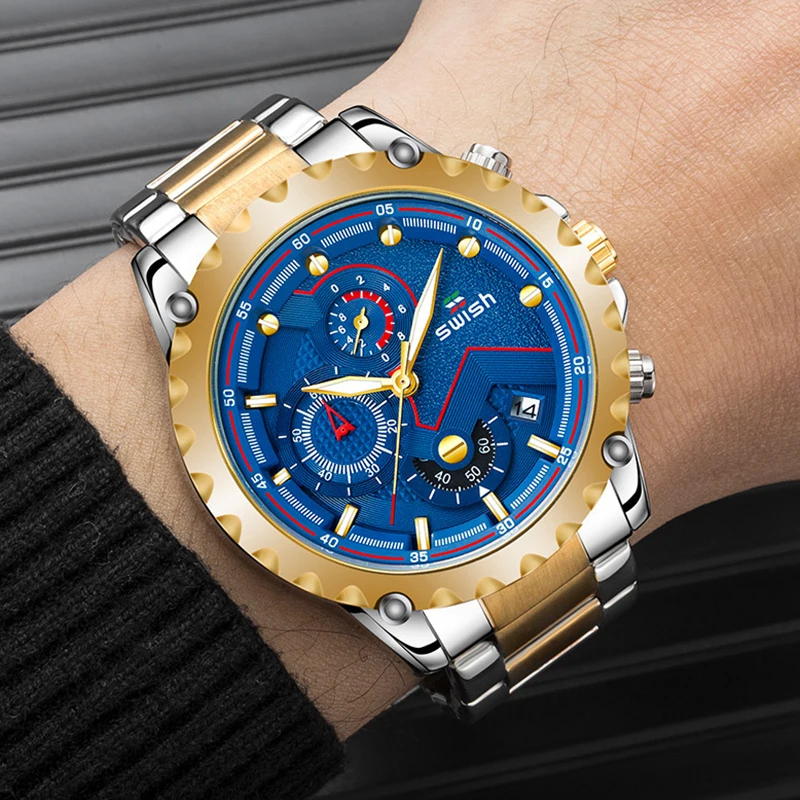

New Gold Men Fashion Black Dial Chronograph Quartz Watch Men Sport Business Watches Stainless Steel AAA Luxury Watches New saat