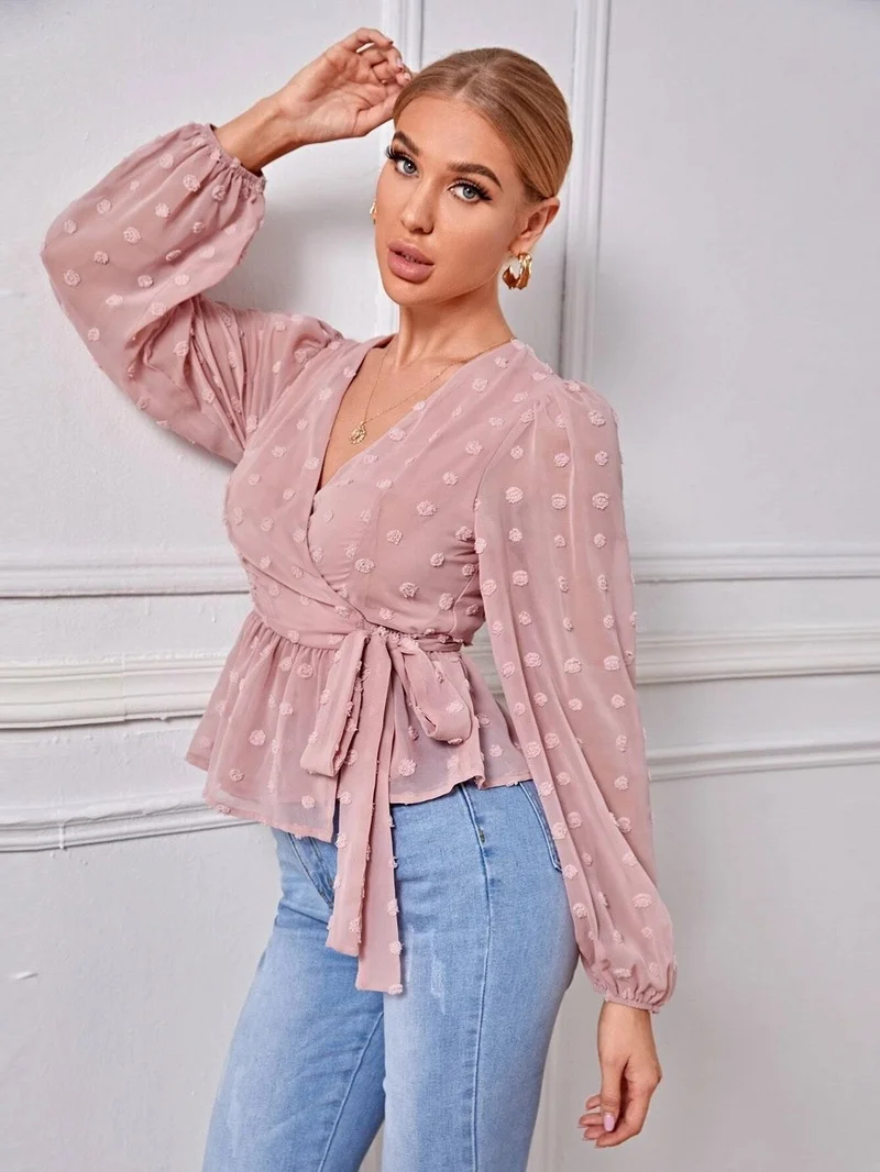 

Женская шифоновая футболка с длинным рукавом-фонариком, V-образным вырезом