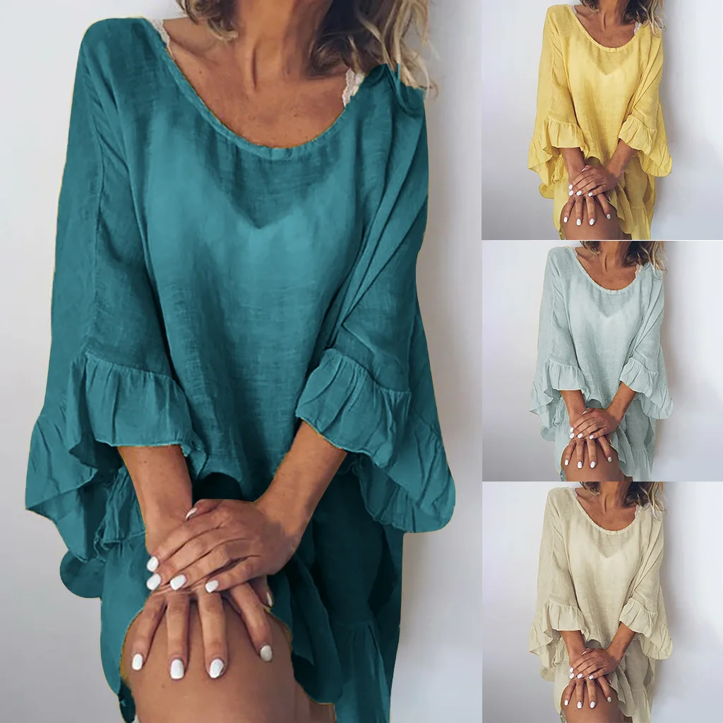 

women Flare Sleeve Patchwork Solid Casual Cotton women tops blouse for women loose streetwear O-Neck ladies tops