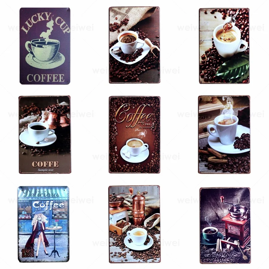 

Metal Tin Painting Classic European Coffee Beans Iron Poster Retro Iron Plate Cafe Coffee Shop Kitchen Wall Decoration