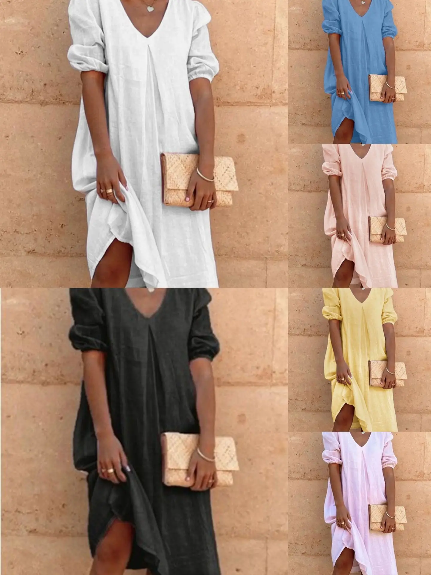 

Dress Women New Slim Dresses Loose Shirt Dress Solid Color V-Neck Long Midi Dresses Holiday Vestidos Female Woman Clothes