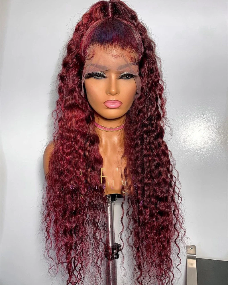 26Inch 180%Density Long Burgundy Kinky Curly Synthetic Lace Front Wig For Women With Baby Hair Heat Resistant Fiber Daily Wig