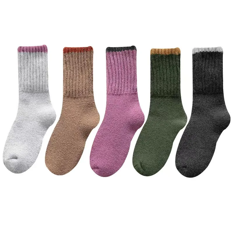 5 Pairs Winter Women Looped Socks Super Thick Keep Warm Wool Thermal Mid-tube Socks Snow Solid Color Floor Sokken Against Cold