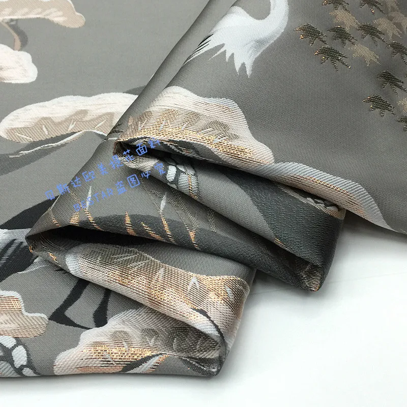 

Jacquard Brocade Fabric Grey Peacock Pattern Bronzing Polyester Material Custom Retro Cheongsam Dress Fabrics by the Meter