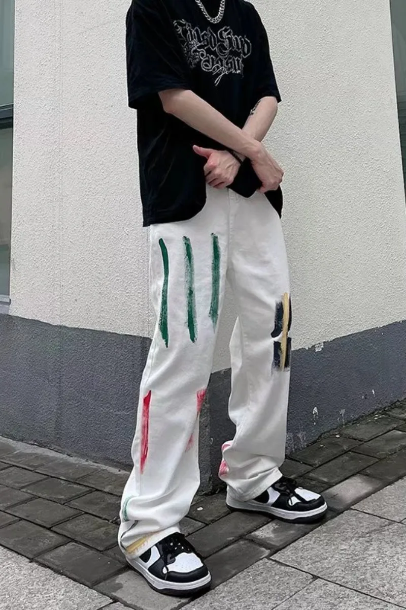 Men's Jeans Ins Hip Hop Contrast Color Graffiti Print Jeans Y2k Korean Version Fashion Street Loose Straight Jeans Ins Hot Sale