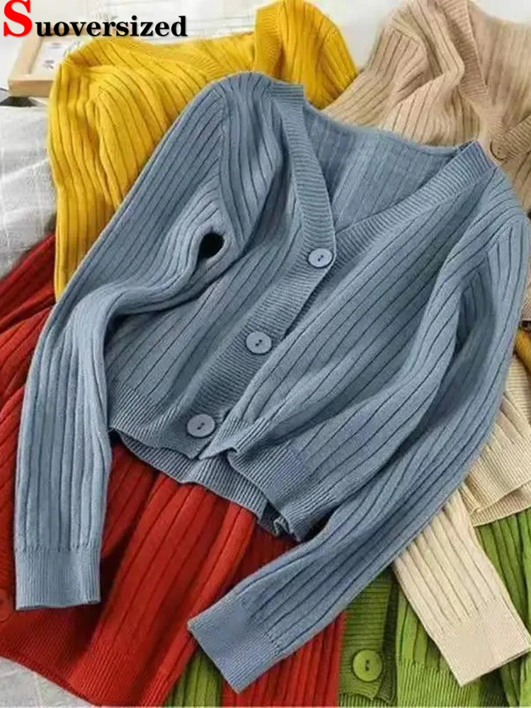 

Knitted Loose Cropped Cardigan V-neck Long Sleeve Outwear Spring Tops Korean Casual Elegant Coats Knitwear New Solid Jackets