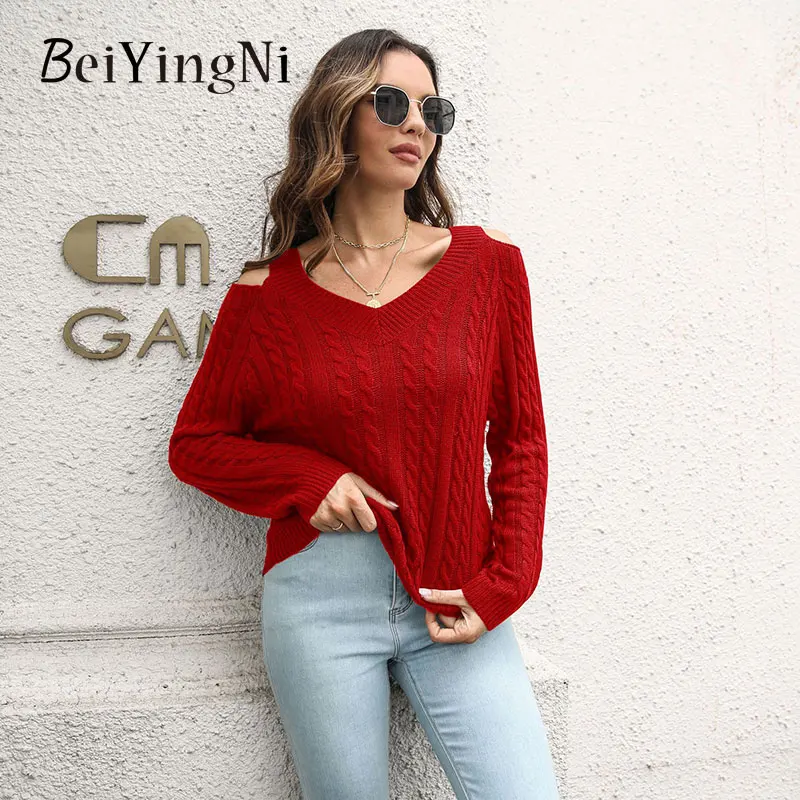 

Beiyingni Women's Loose Sweaters Off Shoulder V-neck Long Sleeve Knitting Autumn Winter Female Jumper Vintage Elegant Pullover
