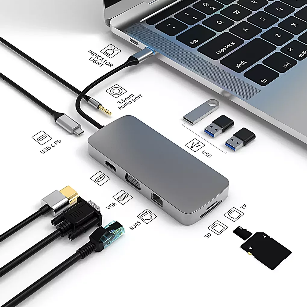 

USB 3,0 мультипортовый концентратор адаптер 10 в 1 Тип C HDMI-совместимый RJ45 VGA 4K PD usb-хаб для Macbook Pro док-станция