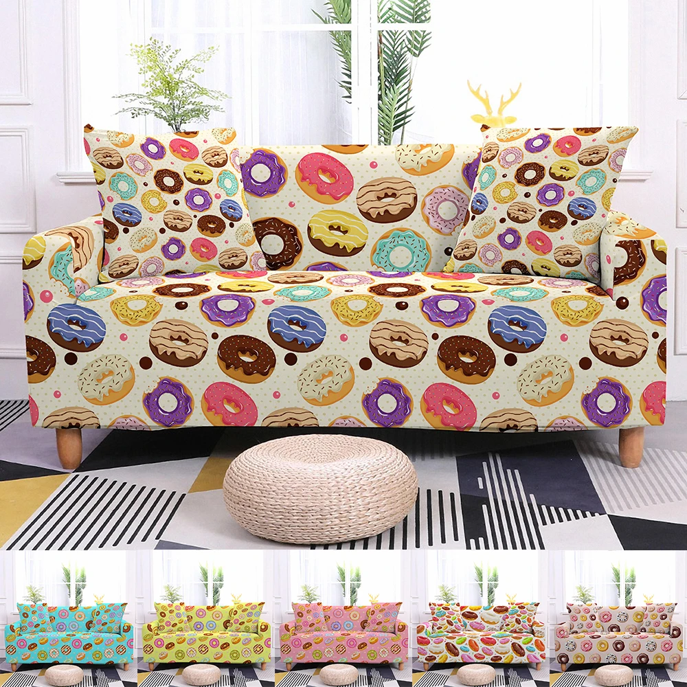 

Donut Sofa Cover Cartoon Pattern Elastic Sofa Slipcover For Living Room Anti-dust Stretch Couch Covers All-inclusive Protector