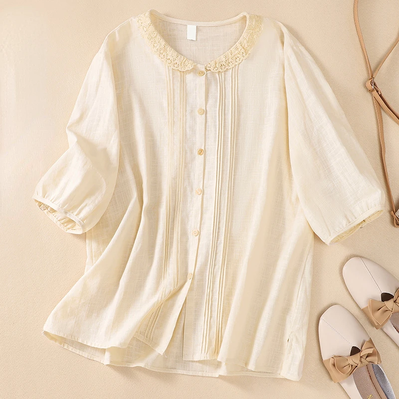 

Женская блузка из хлопка и льна, однотонная Повседневная Свободная блузка с коротким рукавом и круглым вырезом, в стиле пэчворк, лето 2023