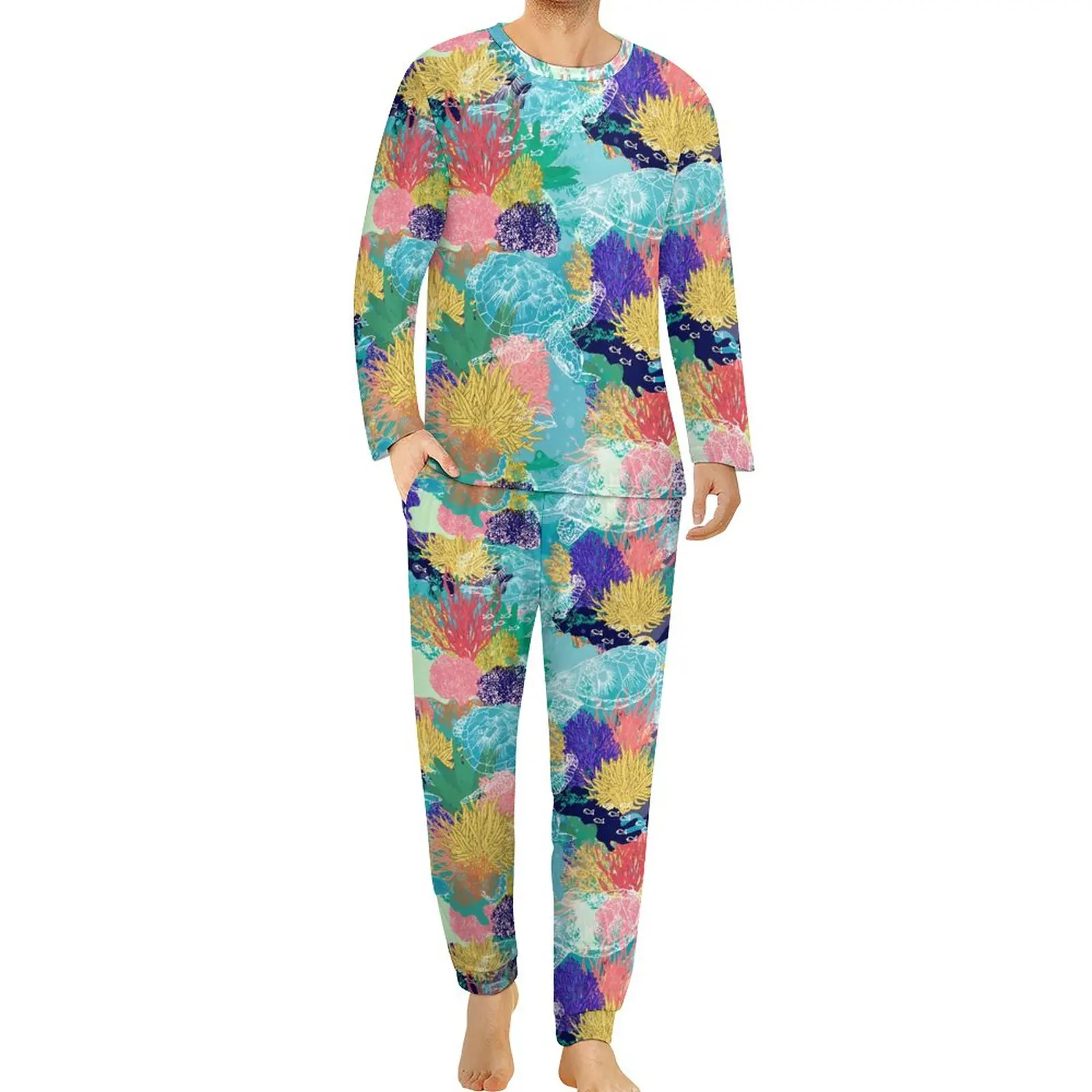 

Пижама Мужская с длинным рукавом, милая Пижама с рисунком черепашек, коралловых рисунков, комплект из двух предметов, осенняя одежда для сна с графическим принтом, подарок на день рождения