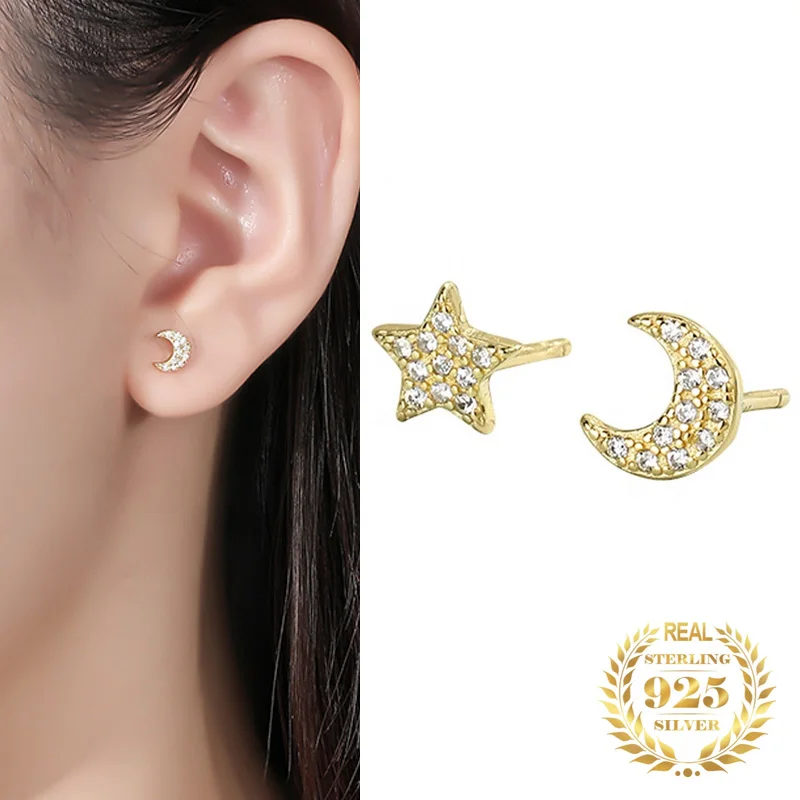 

Fashion Moon Star Stud Earrings Zircon Thunder Studs Sterling Silver 925 Lightning Earrings For Women Gold Plated
