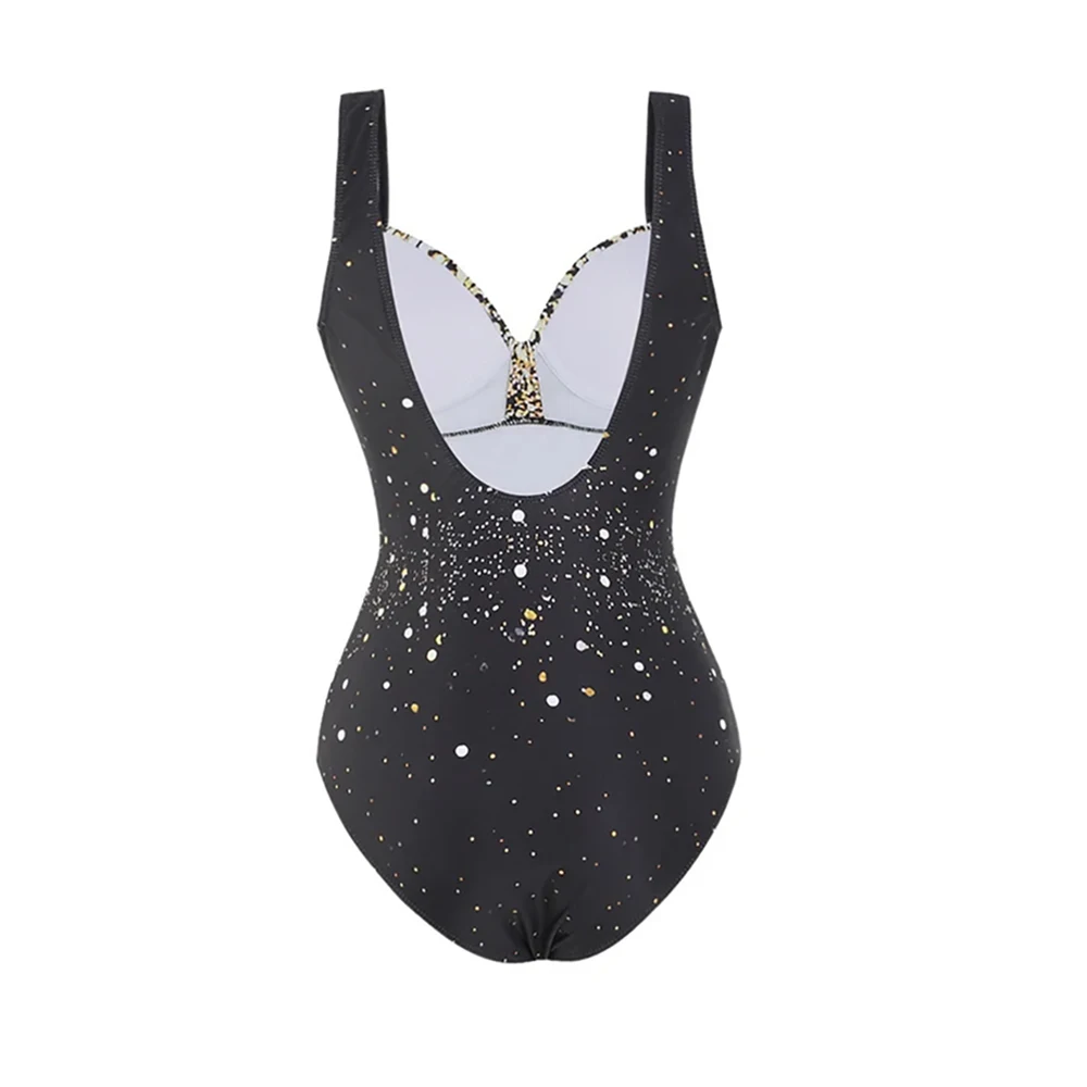 Retro black sequined v-neck printed hip sexy one-piece swimsuit set