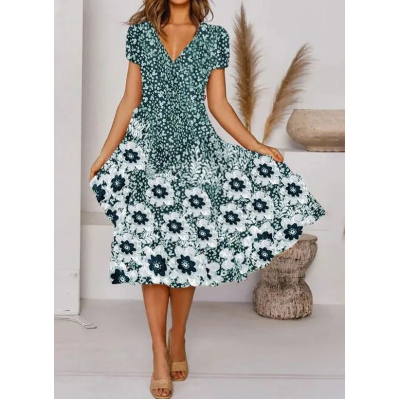 

Popular new mid rise digital printed V-neck short sleeved dress