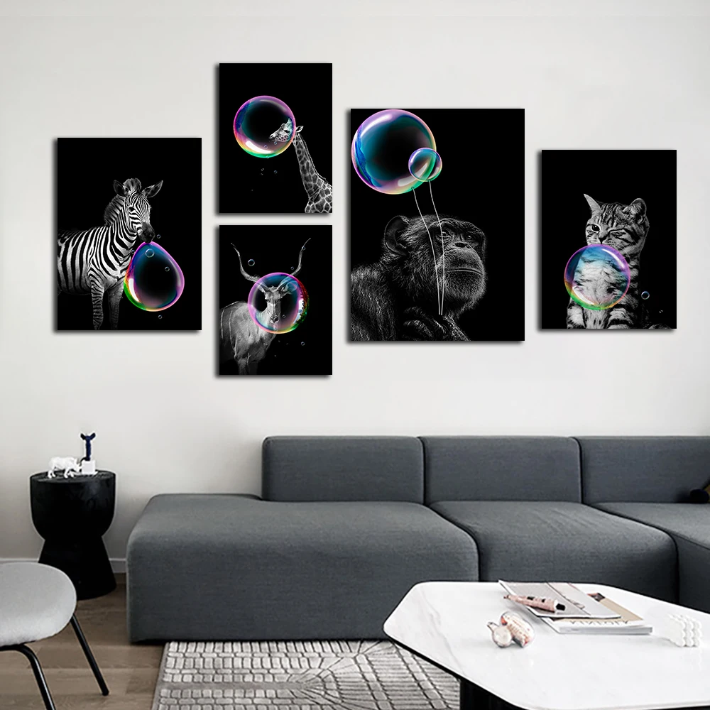 

Modern Style Abstract Animal Blowing Bubble Canvas Painting Elephant Giraffe Lion Monkey Poster Wall Art Baby Room Decoration Pr