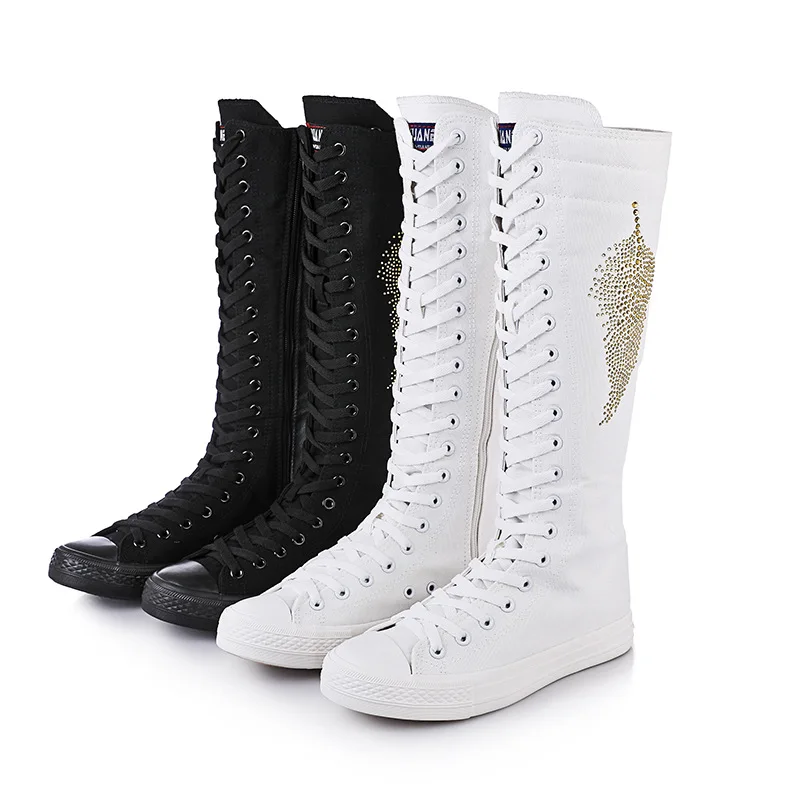 

Women Fashion Sports High Boots Canvas Solid Color Knee-length Round Head Rhinestone Leaves Street Outdoor Casual Shoes KC225