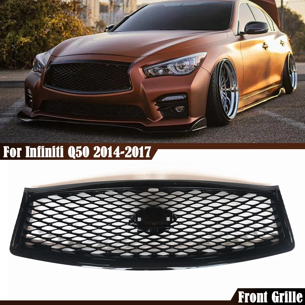 

Black/Carbon Fiber Look Front Grill Grille For Infiniti Q50 2014-2017 All Models Honeycomb Style Car Bumper Vent Hood Mesh Cover
