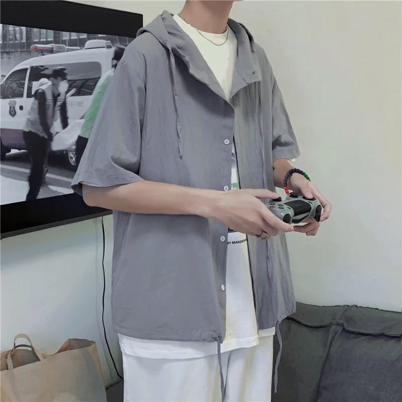 

Summer Hooded Shirt Men Fashion Grey/Black/White Short Sleeve Shirt Men Streetwear Korean Loose Casual Shirt Mens Hawaiian Shirt