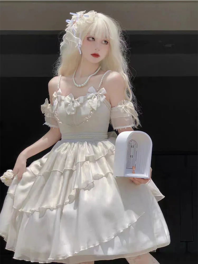 Sweet Elegant White Lolita Dress JSK Flower Wedding Dress Women Lo Dress Cla Princess Dress Party Dress