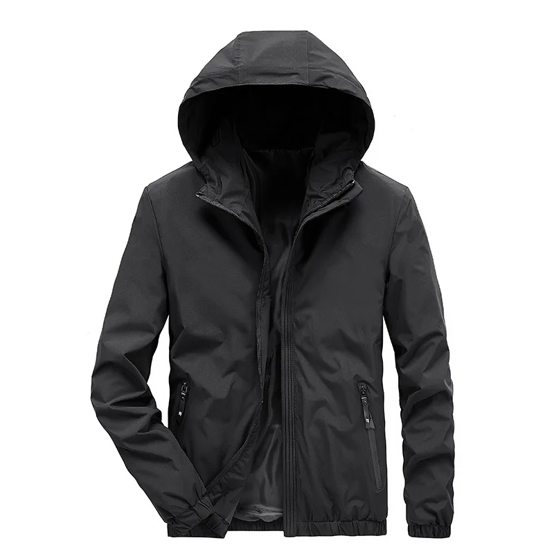

Casual Thin Light Black Hooded Jacket Men Long Sleeve Coat Boy Outerwear Slim Spring Windbreaker Male Zip Up Jacket Oversize 4xl