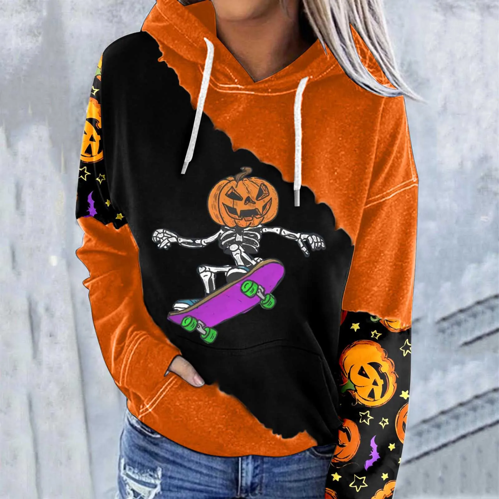 

Long Fleece Women Casual Hoodie Halloween Print Colorblock Sleeve Pocket Drawstring Hoodie Oversized Zipper Hoodie Women