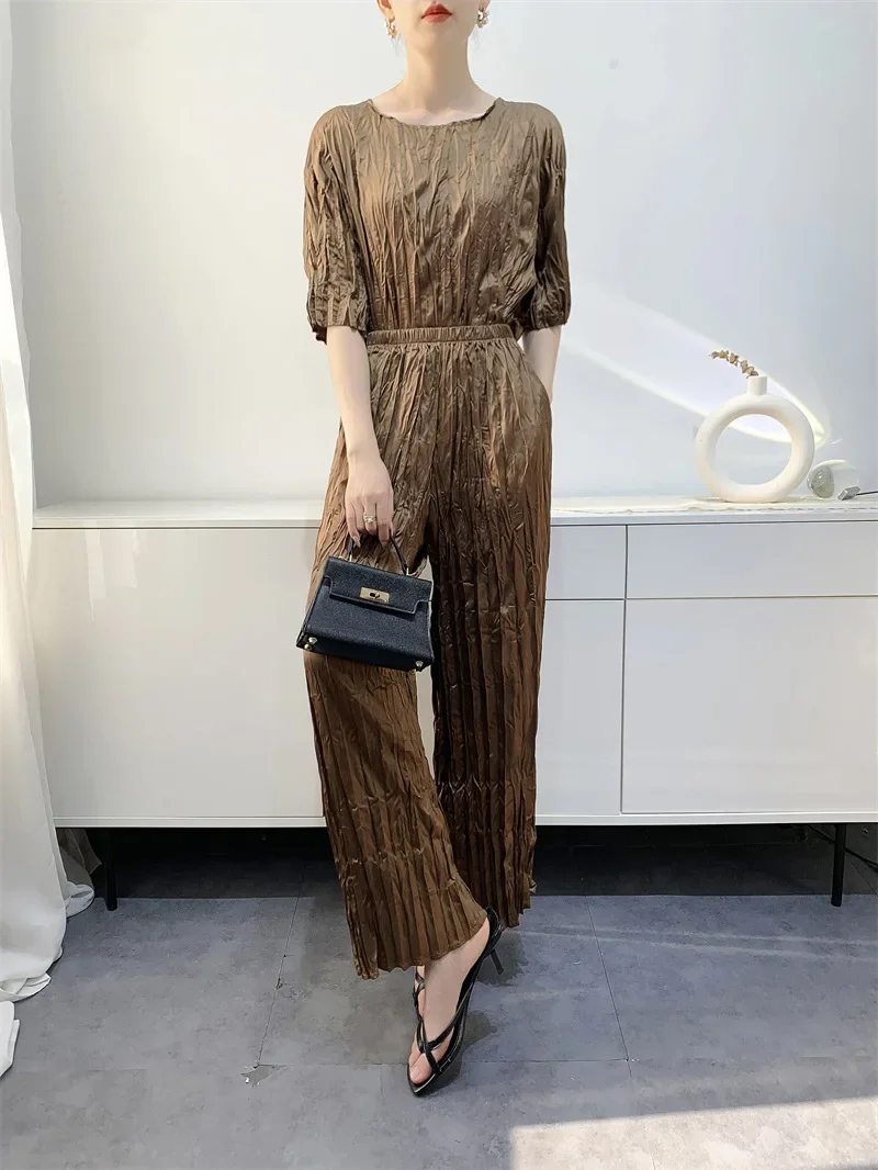 Женский плиссированный брючный костюм однотонная блузка и брюки удобные