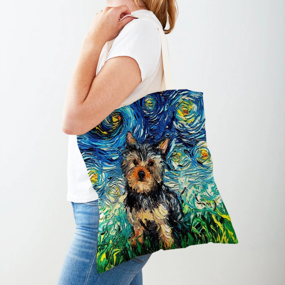 

Fashion Van Gogh Starry Sky Dog Tote Handbag Animal Shopper Bag Both Sides Oil Painting Casual Canvas Cloth Women Shopping Bags