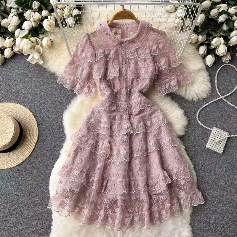 

Runway Summer High End Mesh Chiffon Flower Cake Dress Women's Short Sleeve Chic Bead Embroidery Lace Trims Vacation Vestido Robe