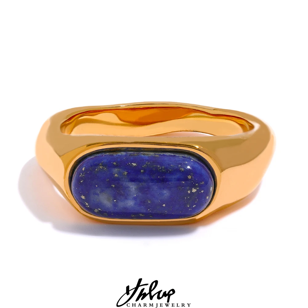 

Yhpup Textured Vintage Natural Stone Tiger Stainless Steel Irregular 18K Gold Color Ring Waterproof Fashion Women Charm Jewelry