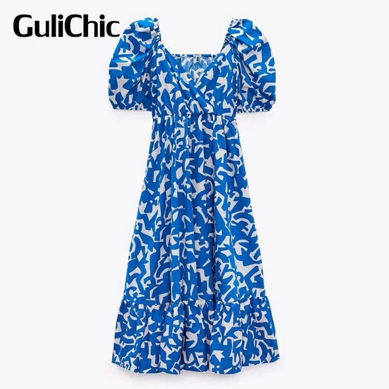 

4.8 GuliChic Fashion Blue Color Print V-Neck Puff Short Sleeve Collect Waist Casual Temperament Dress Women