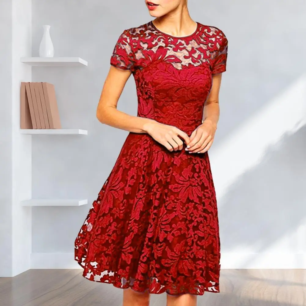 Women Dresses See-through Hollow Out Lace Short Sleeves Big Hem Dress-up Round Neck A-line Plus Size Prom Dress Women Clothing