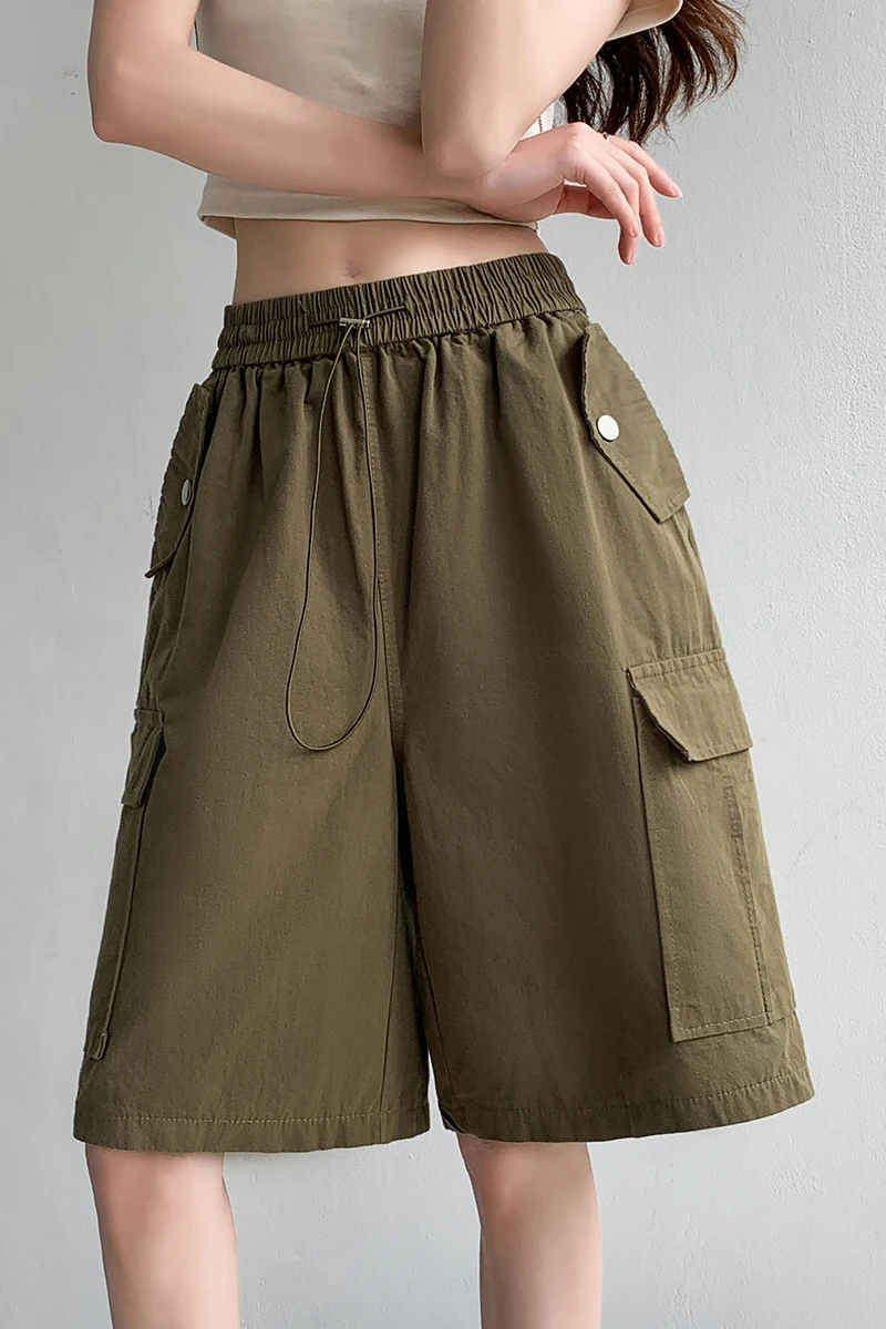 DFRCAEG 2023 Summer Wide Leg Cargo Shorts For Women High Elastic Waist Big Pockets Loose Half Length Pink Black Shorts Female