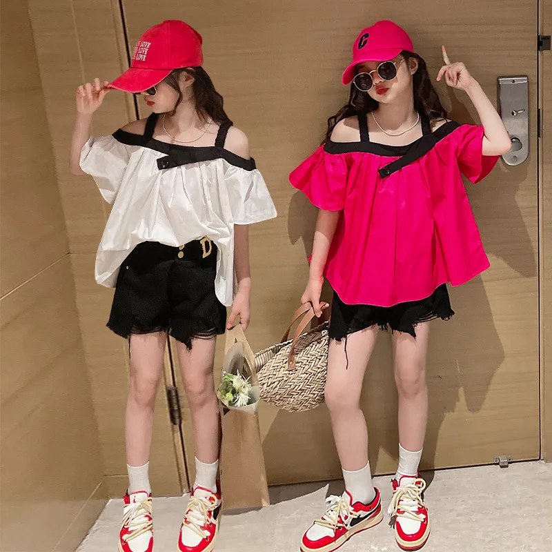 

Girls Clothes Summer Kids Fashion Loose Sling Tops & Shorts Two Piece Set Fashion Off Shoulder Children Suit Teen Girl Outfits