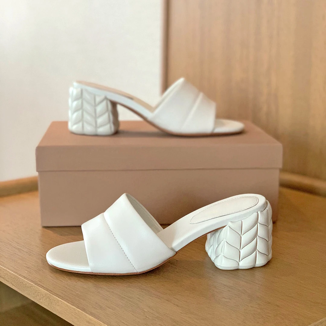 

Donna-in 2022 Summer White Fashion Block Heels Sandals For Women Genuine Leather High Heel Peep Toe Mules Luxury Vero Cuoio Sole